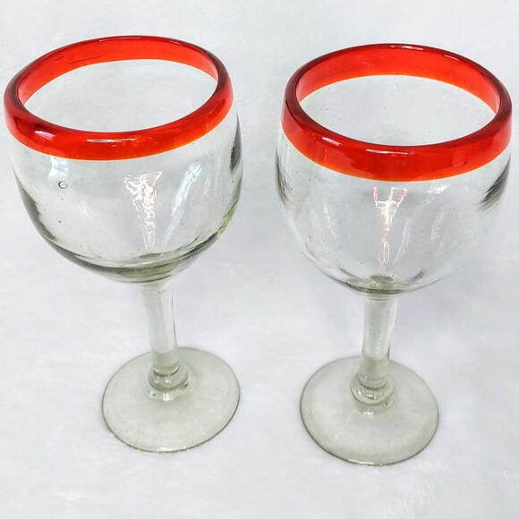 Hand Blown Mexican Wine Margarita Glasses Red Rim Set of 2 Water Goblet Balloon - Picture 2 of 12